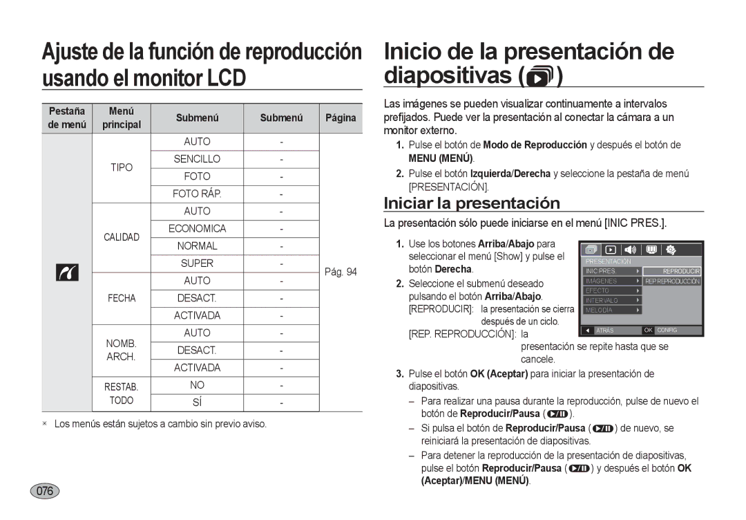 Samsung EC-I8ZZZPBA/E3 Inicio de la presentación de diapositivas, Iniciar la presentación, 076, Botón de Reproducir/Pausa 