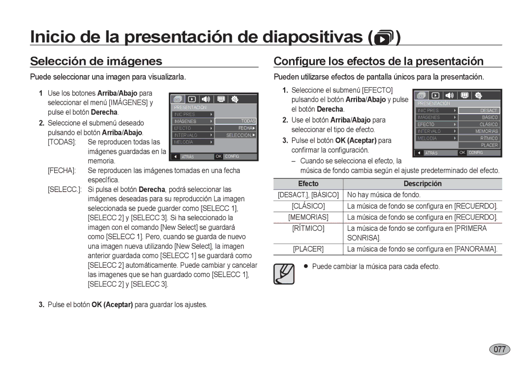 Samsung EC-I8ZZZUBA/FR manual Selección de imágenes, Conﬁgure los efectos de la presentación, 0777, Efecto Descripción 