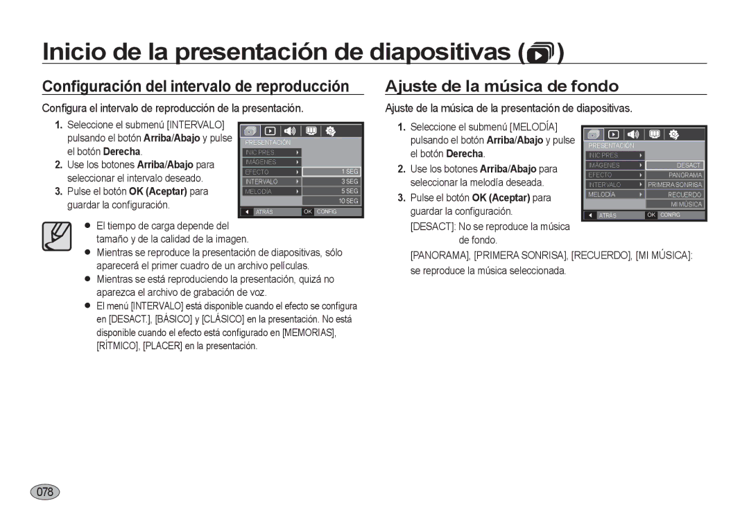 Samsung EC-I8ZZZPBA/FR manual Ajuste de la música de fondo, Conﬁgura el intervalo de reproducción de la presentación, 078 