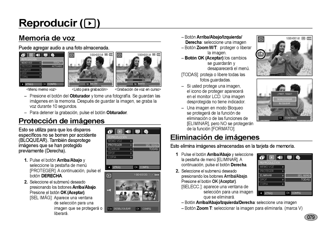 Samsung EC-I8ZZZUBC/E1, EC-I8ZZZWBA/E3 manual Reproducir, Memoria de voz, Protección de imágenes, Eliminación de imágenes 