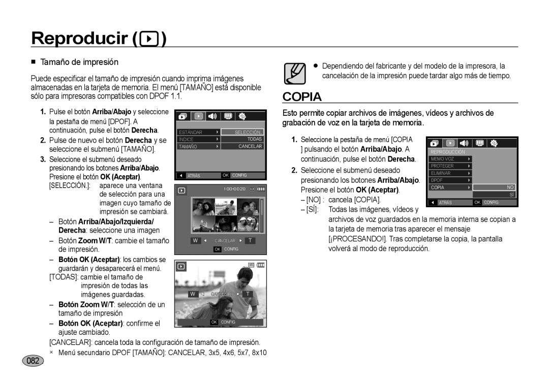 Samsung EC-I8ZZZWBA/E1, EC-I8ZZZWBA/E3, EC-I8ZZZBBA/E3 manual Tamaño de impresión, 082, Botón OK Aceptar los cambios se 