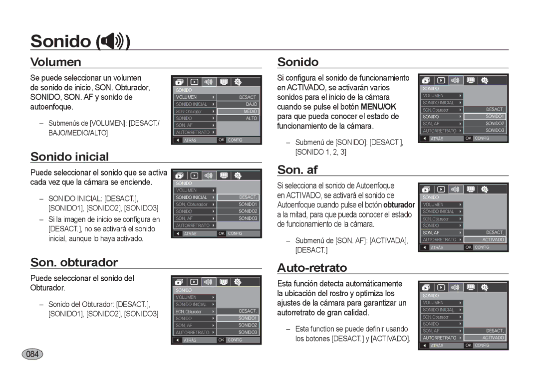 Samsung EC-I8ZZZBBB/E1, EC-I8ZZZWBA/E3 manual Volumen Sonido, Sonido inicial, Son. af, Son. obturador Auto-retrato 