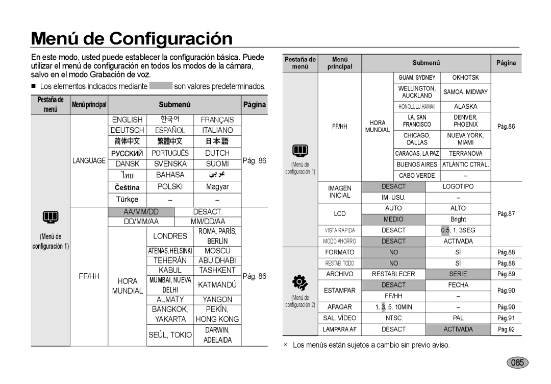 Samsung EC-I8ZZZPBB/E1, EC-I8ZZZWBA/E3, EC-I8ZZZBBA/E3 Menú de Conﬁguración, 085, AA/MM/DD Desact DD/MM/AA, Pestaña de Menú 