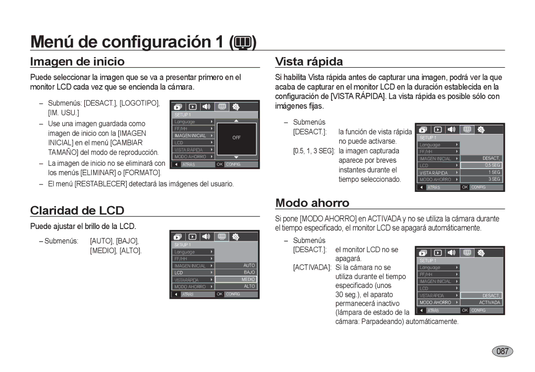 Samsung EC-I8ZZZBBA/AS, EC-I8ZZZWBA/E3, EC-I8ZZZBBA/E3 manual Imagen de inicio, Vista rápida, Claridad de LCD, Modo ahorro 