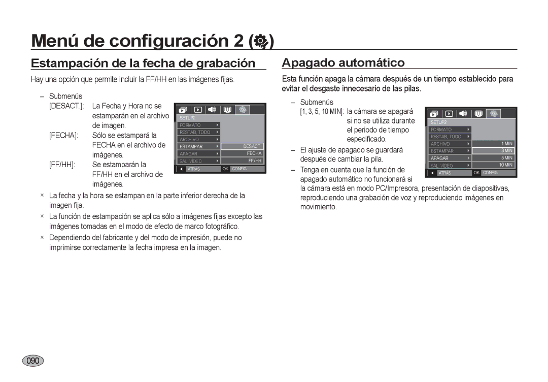 Samsung EC-I8ZZZBBA/E3, EC-I8ZZZWBA/E3, EC-I8ZZZUBA/E3 manual Estampación de la fecha de grabación Apagado automático, 090 