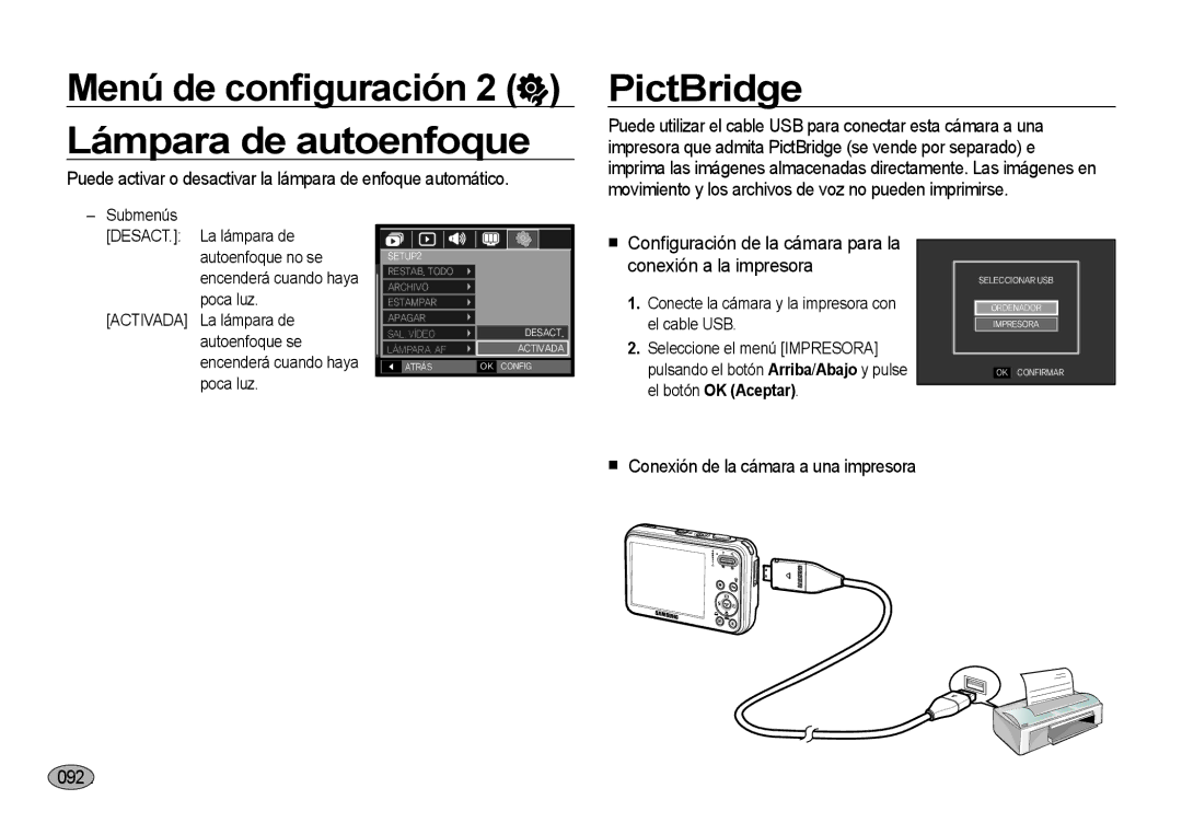 Samsung EC-I8ZZZWBA/GB Menú de conﬁguración Lámpara de autoenfoque, PictBridge, Conexión de la cámara a una impresora 092 