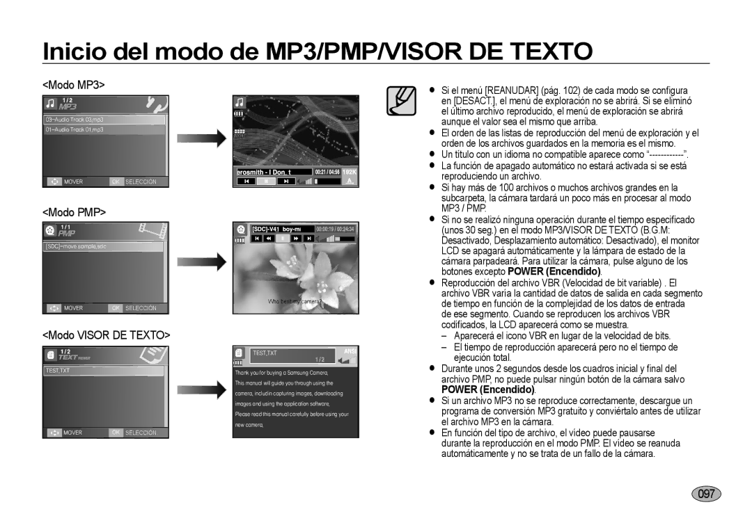 Samsung EC-I8ZZZUBC/E1, EC-I8ZZZWBA/E3, EC-I8ZZZBBA/E3, EC-I8ZZZUBA/E3, EC-I8ZZZWBA/GB manual Modo Visor DE Texto, 097 