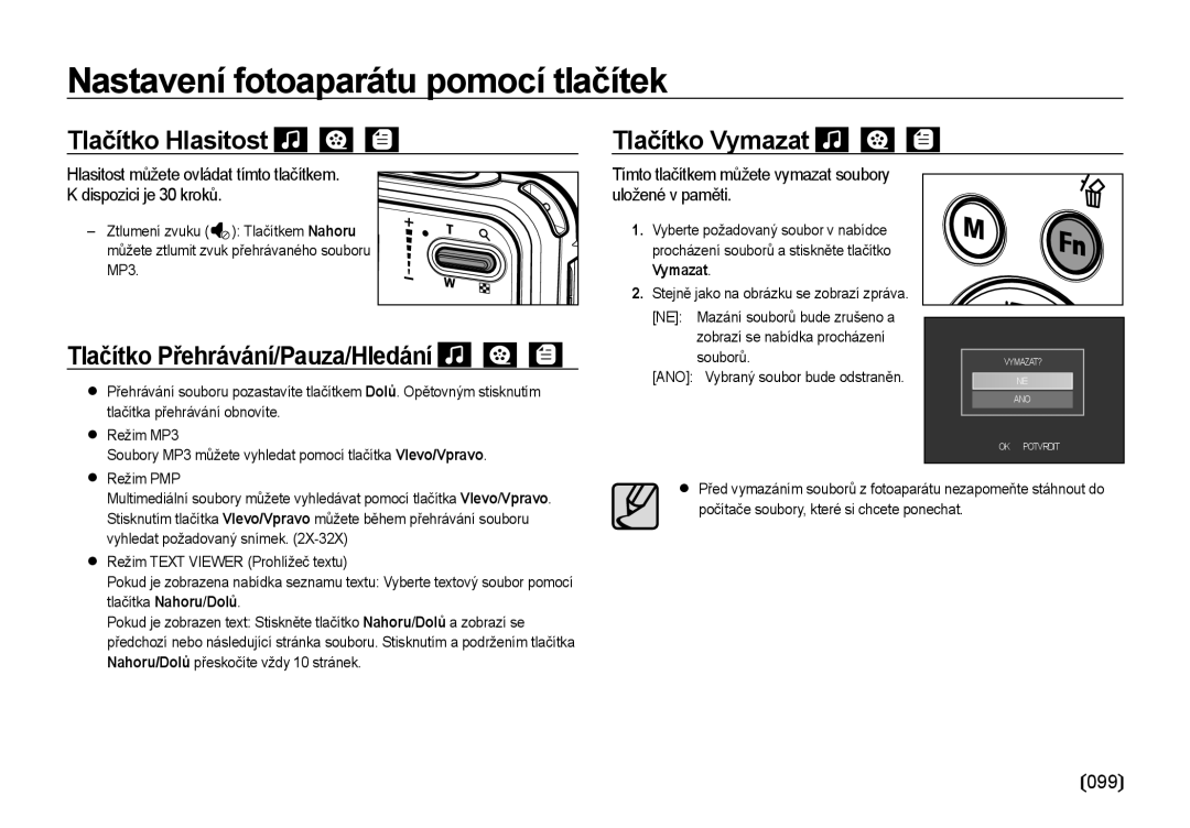 Samsung EC-I8ZZZWBA/E3, EC-I8ZZZBBA/E3 manual Tlačítko Hlasitost, Tlačítko Přehrávání/Pauza/Hledání, Tlačítko Vymazat 