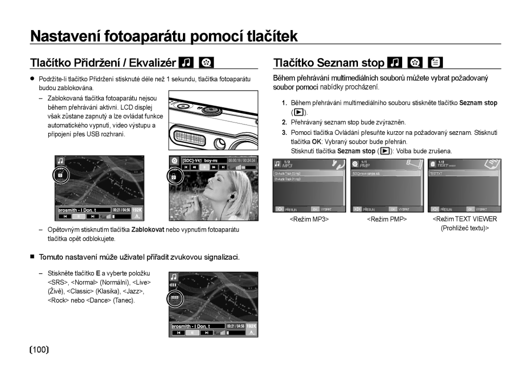 Samsung EC-I8ZZZBBA/E3, EC-I8ZZZWBA/E3 manual Režim MP3 Režim PMP, Tlačítka opět odblokujete, Rock nebo Dance Tanec 