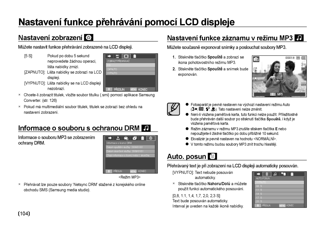 Samsung EC-I8ZZZBBA/E3 Nastavení zobrazení, Nastavení funkce záznamu v režimu MP3, Informace o souboru s ochranou DRM 