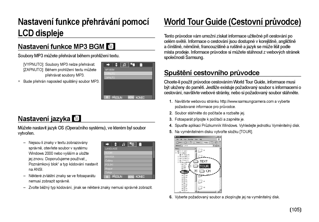 Samsung EC-I8ZZZWBA/E3, EC-I8ZZZBBA/E3 manual Nastavení funkce MP3 BGM, Spuštění cestovního průvodce, Nastavení jazyka 