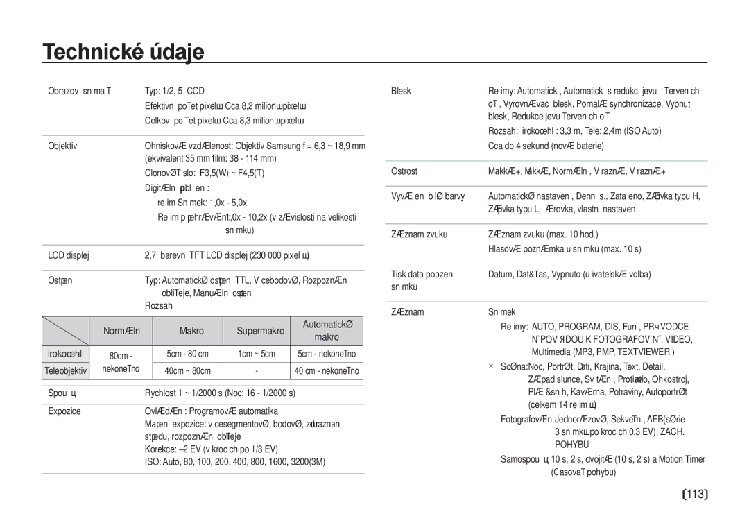 Samsung EC-I8ZZZWBA/E3, EC-I8ZZZBBA/E3 manual Technické údaje, Pohybu 