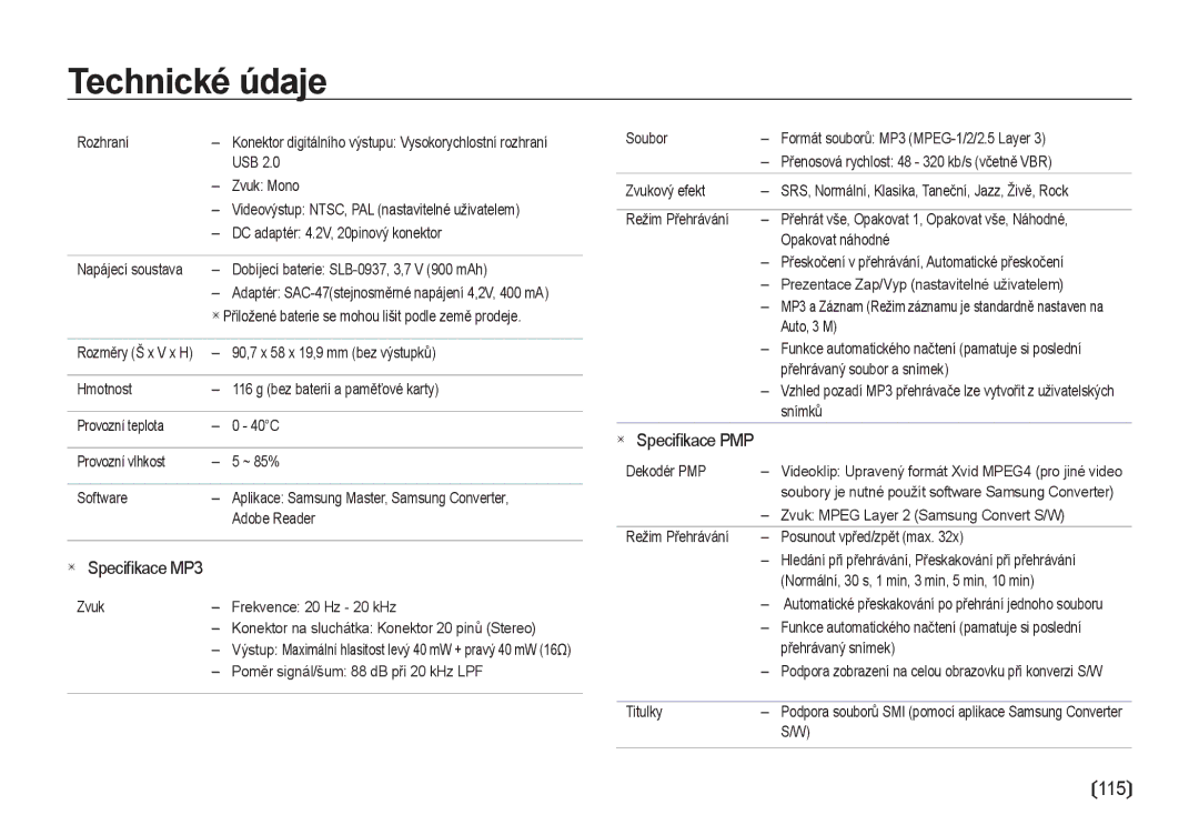 Samsung EC-I8ZZZWBA/E3, EC-I8ZZZBBA/E3 manual Speciﬁkace MP3, Speciﬁkace PMP 