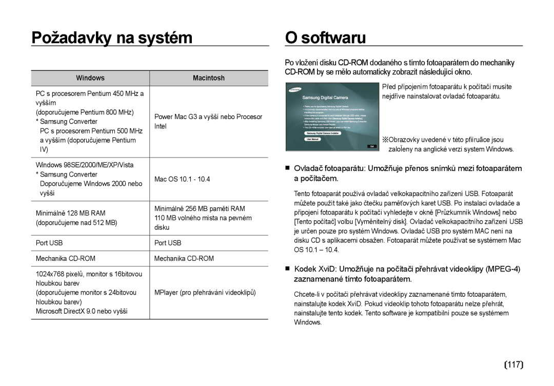 Samsung EC-I8ZZZWBA/E3, EC-I8ZZZBBA/E3 manual Požadavky na systém, Softwaru, Windows Macintosh 