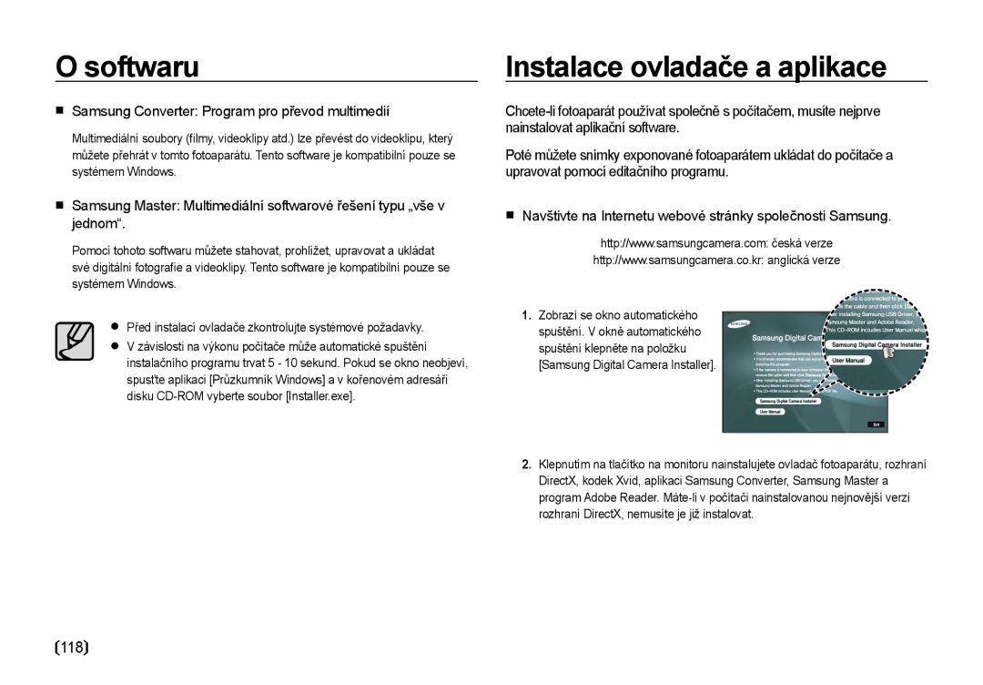 Samsung EC-I8ZZZBBA/E3, EC-I8ZZZWBA/E3 manual Instalace ovladače a aplikace, Samsung Converter Program pro převod multimedií 