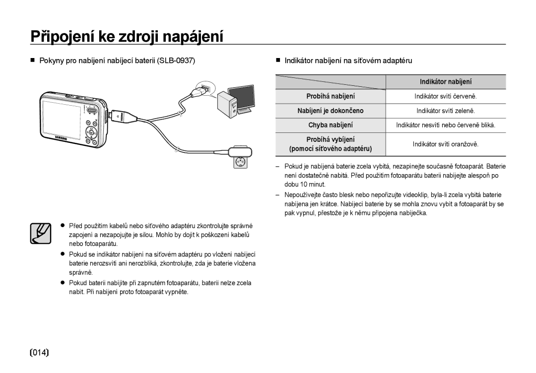 Samsung EC-I8ZZZBBA/E3 manual Pokyny pro nabíjení nabíjecí baterii SLB-0937, Indikátor nabíjení na síťovém adaptéru 