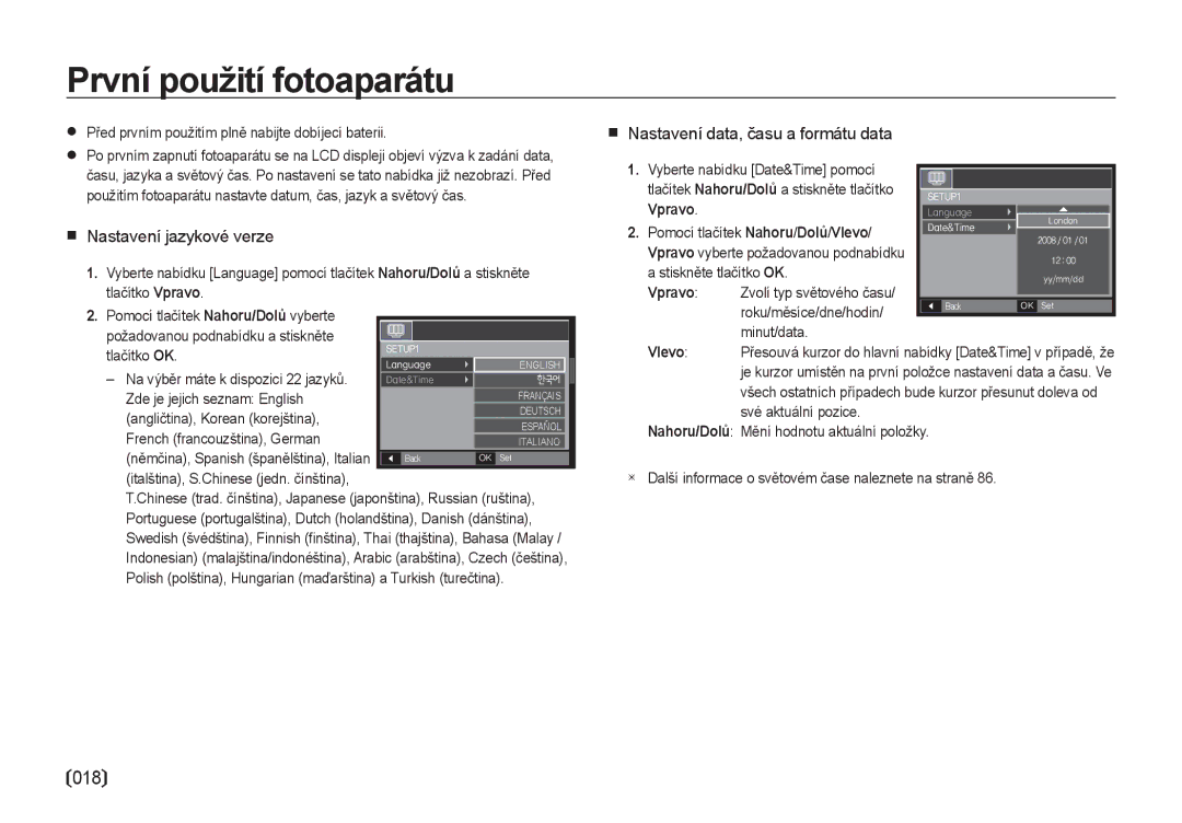 Samsung EC-I8ZZZBBA/E3, EC-I8ZZZWBA/E3 manual První použití fotoaparátu, Nastavení jazykové verze, Vpravo, Vlevo 