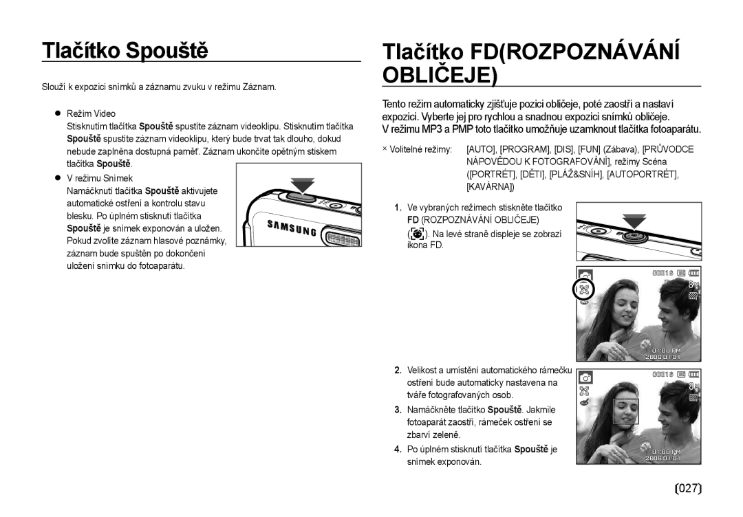 Samsung EC-I8ZZZWBA/E3, EC-I8ZZZBBA/E3 manual Tlačítko Spouště, Tlačítko Fdrozpoznávání Obličeje, FD Rozpoznávání Obličeje 