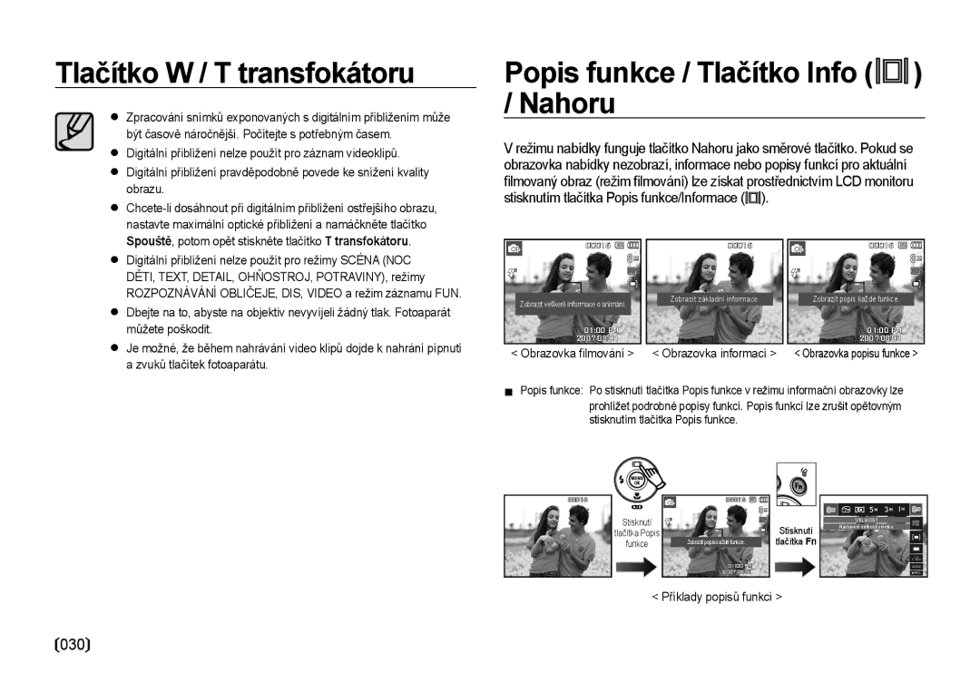 Samsung EC-I8ZZZBBA/E3, EC-I8ZZZWBA/E3 manual Popis funkce / Tlačítko Info / Nahoru, Příklady popisů funkcí 