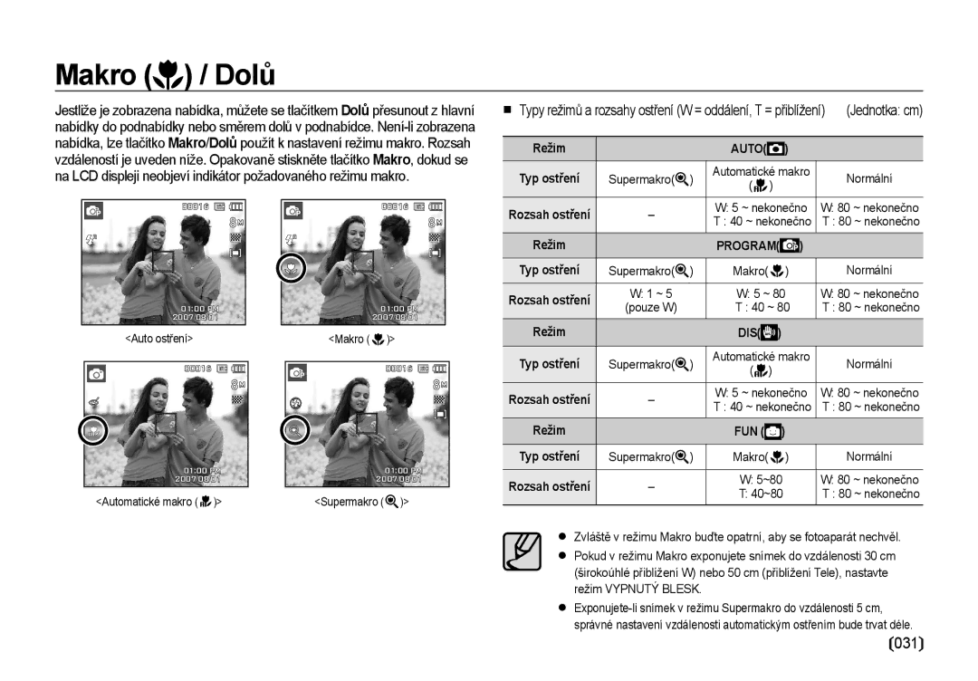 Samsung EC-I8ZZZWBA/E3, EC-I8ZZZBBA/E3 manual Makro / Dolů, Režim, Typ ostření, Rozsah ostření 