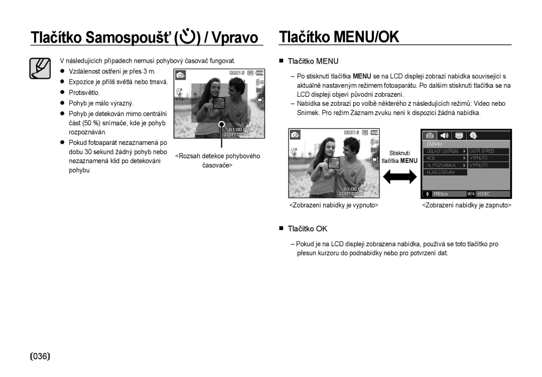 Samsung EC-I8ZZZBBA/E3, EC-I8ZZZWBA/E3 Tlačítko MENU/OK, Tlačítko Menu, Tlačítko OK, Rozsah detekce pohybového Časovače 