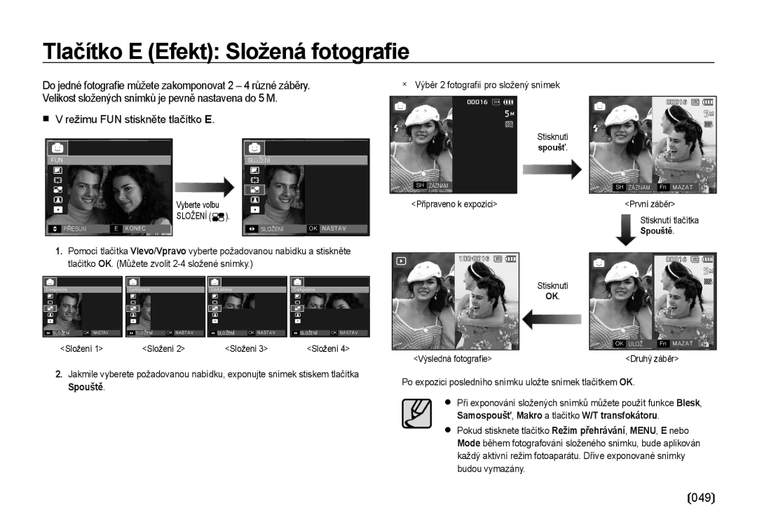 Samsung EC-I8ZZZWBA/E3, EC-I8ZZZBBA/E3 manual Tlačítko E Efekt Složená fotograﬁe, Výběr 2 fotograﬁí pro složený snímek 