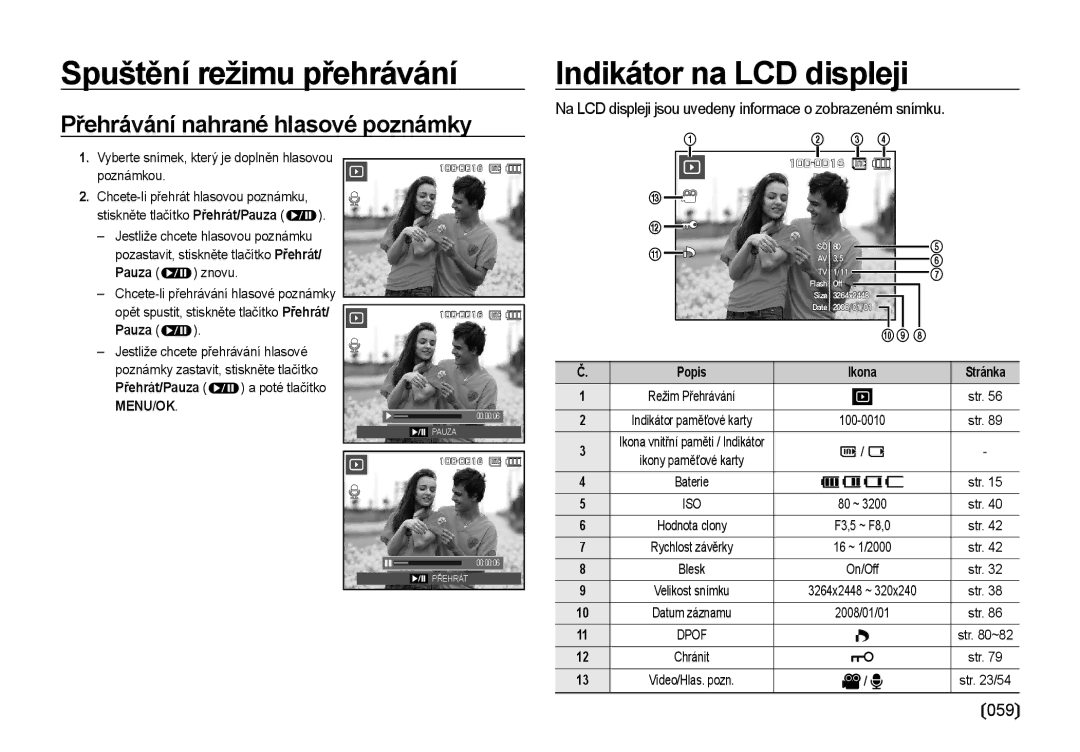 Samsung EC-I8ZZZWBA/E3 Přehrávání nahrané hlasové poznámky, Na LCD displeji jsou uvedeny informace o zobrazeném snímku 