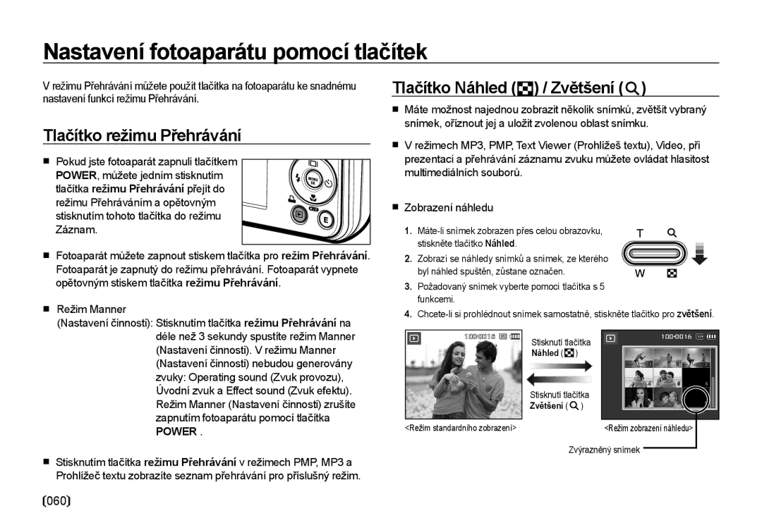 Samsung EC-I8ZZZBBA/E3 manual Nastavení fotoaparátu pomocí tlačítek, Tlačítko režimu Přehrávání, Tlačítko Náhled / Zvětšení 