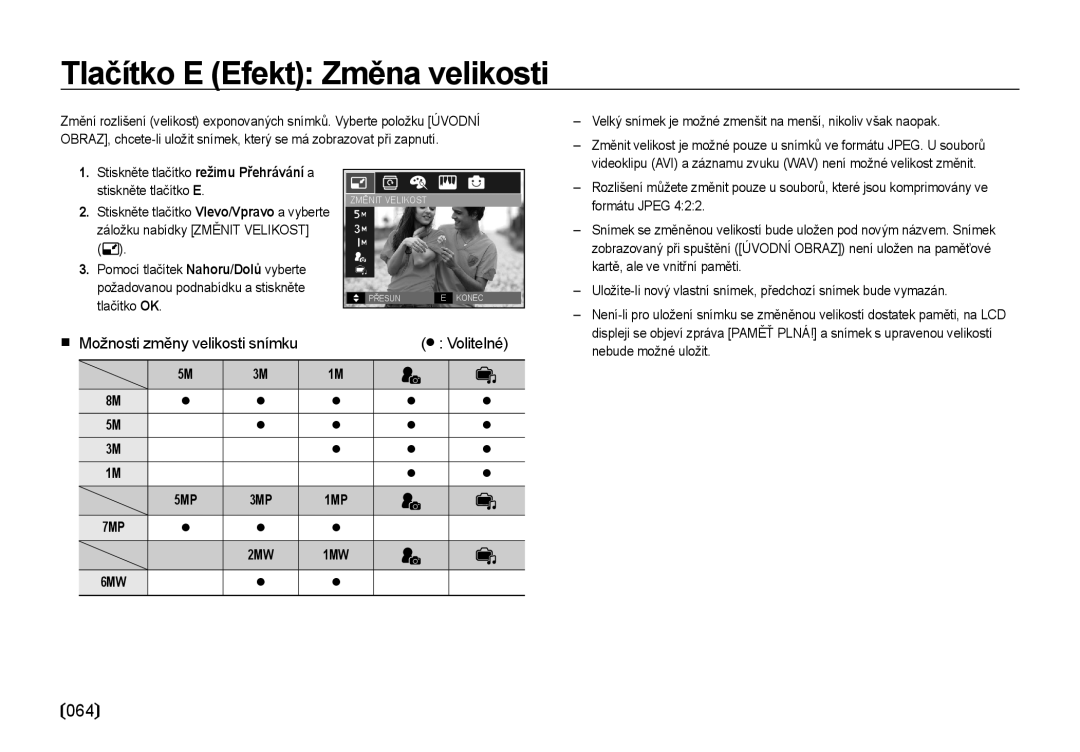 Samsung EC-I8ZZZBBA/E3, EC-I8ZZZWBA/E3 manual Tlačítko E Efekt Změna velikosti, Formátu Jpeg, Kartě, ale ve vnitřní paměti 