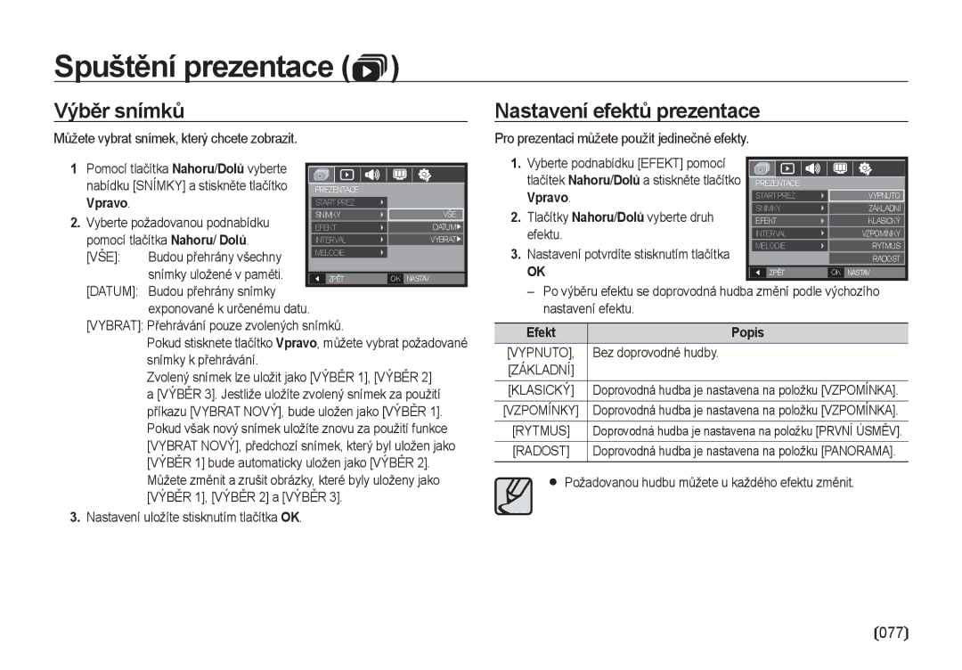 Samsung EC-I8ZZZWBA/E3 Výběr snímků, Nastavení efektů prezentace, Můžete vybrat snímek, který chcete zobrazit, Efekt Popis 