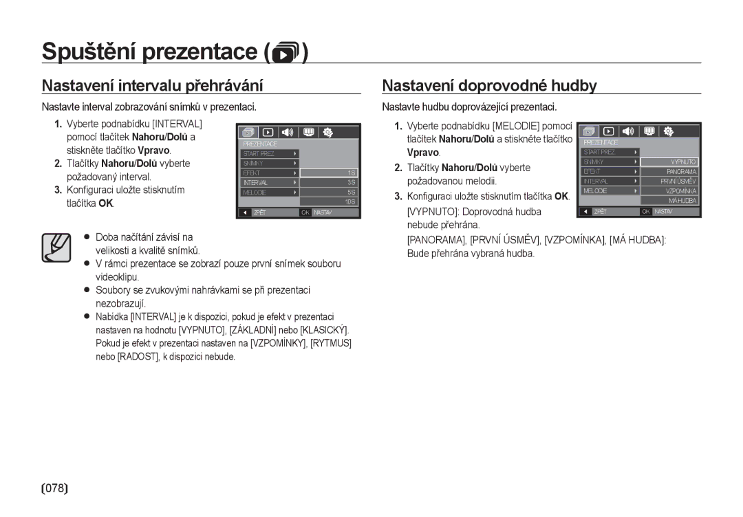 Samsung EC-I8ZZZBBA/E3 Nastavení intervalu přehrávání, Nastavení doprovodné hudby, Nastavte hudbu doprovázející prezentaci 