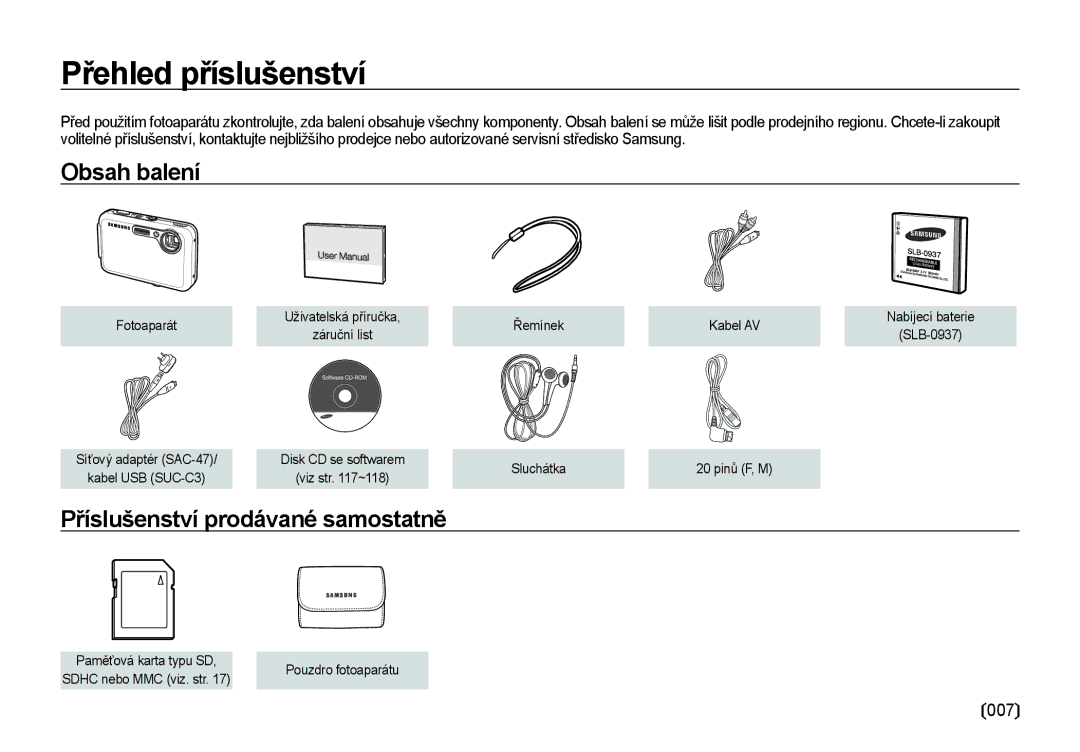 Samsung EC-I8ZZZWBA/E3 manual Přehled příslušenství, Obsah balení, Příslušenství prodávané samostatně, Pouzdro fotoaparátu 