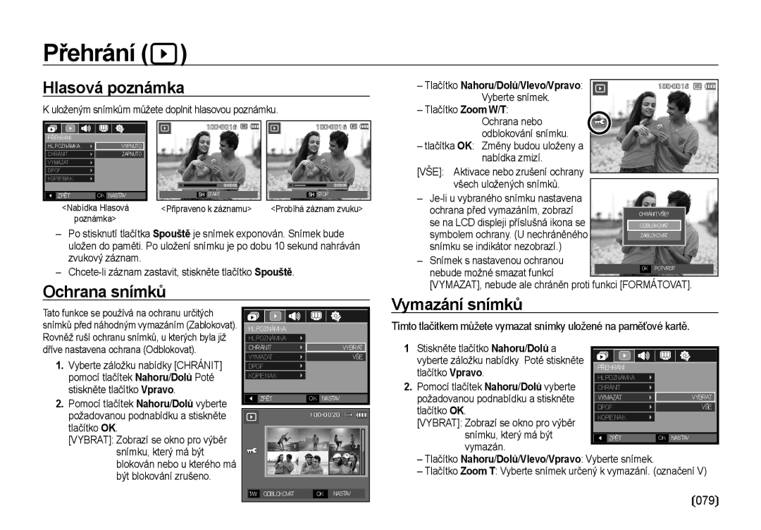 Samsung EC-I8ZZZWBA/E3, EC-I8ZZZBBA/E3 manual Hlasová poznámka, Ochrana snímků, Vymazání snímků 