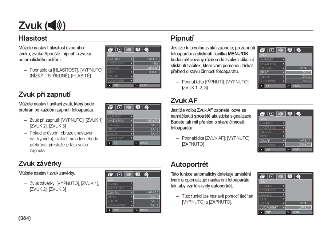 Samsung EC-I8ZZZBBA/E3 Zvuk závěrky Autoportrét, Můžete nastavit zvuk závěrky, Zvuk závěrky VYPNUTO, Zvuk 1, Zvuk 2, Zvuk 