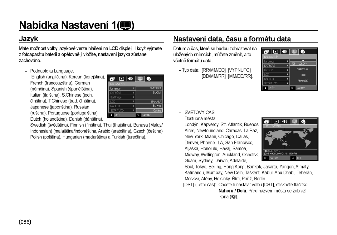 Samsung EC-I8ZZZBBA/E3 manual Jazyk Nastavení data, času a formátu data, Podnabídka Language, Světový ČAS, Dostupná města 