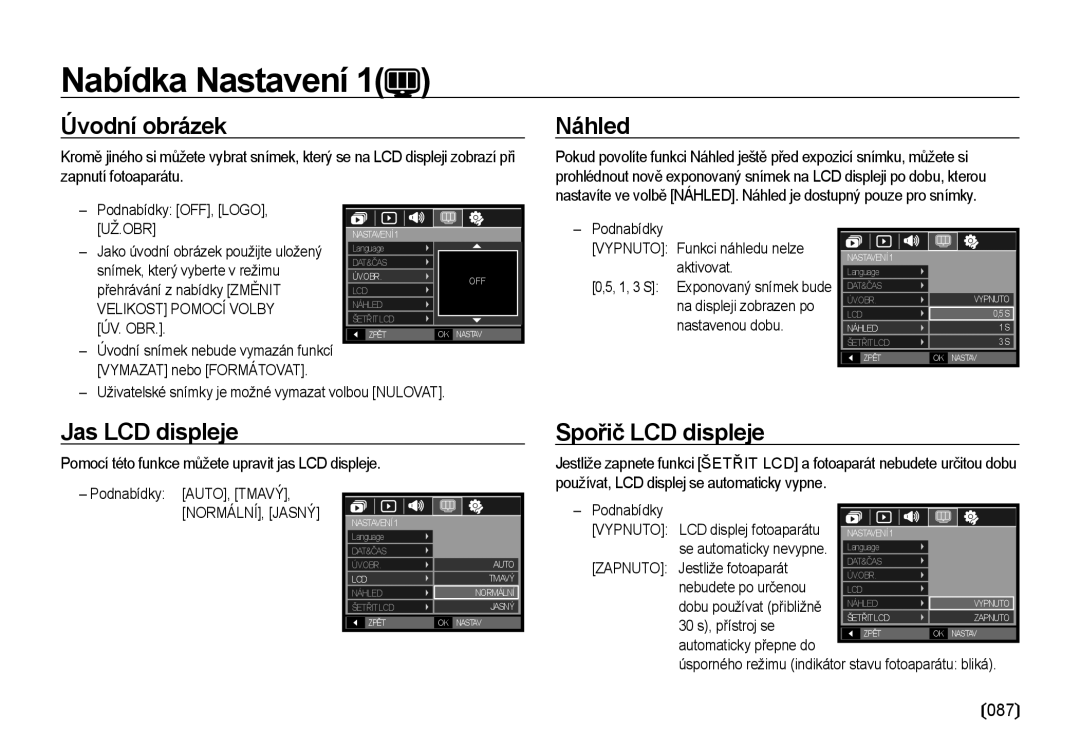 Samsung EC-I8ZZZWBA/E3, EC-I8ZZZBBA/E3 manual Úvodní obrázek, Náhled, Jas LCD displeje, Spořič LCD displeje 