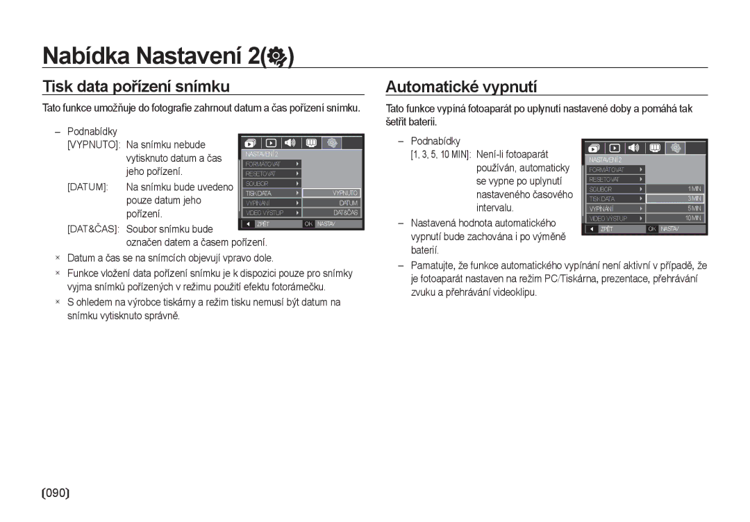 Samsung EC-I8ZZZBBA/E3, EC-I8ZZZWBA/E3 manual Tisk data pořízení snímku, Automatické vypnutí, Datum 