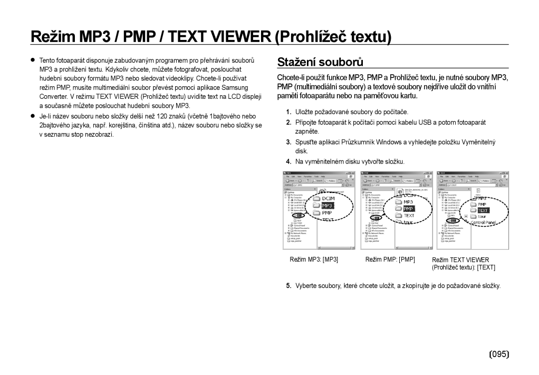 Samsung EC-I8ZZZWBA/E3, EC-I8ZZZBBA/E3 manual Režim MP3 / PMP / Text Viewer Prohlížeč textu, Stažení souborů 