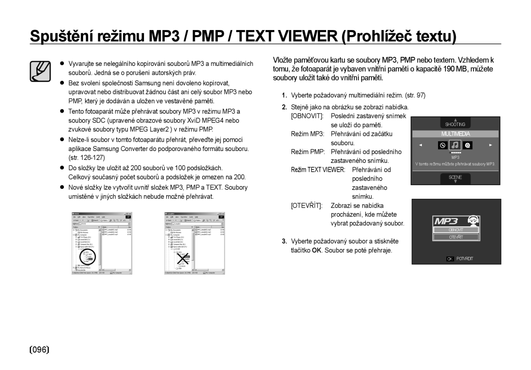 Samsung EC-I8ZZZBBA/E3, EC-I8ZZZWBA/E3 manual Spuštění režimu MP3 / PMP / Text Viewer Prohlížeč textu, Otevřít 