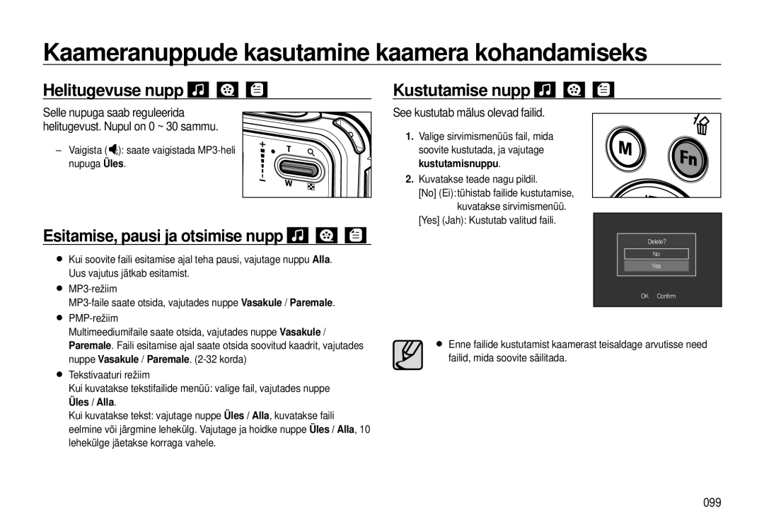 Samsung EC-I8ZZZWBA/RU manual Kaameranuppude kasutamine kaamera kohandamiseks, Helitugevuse nupp, Kustutamise nupp 