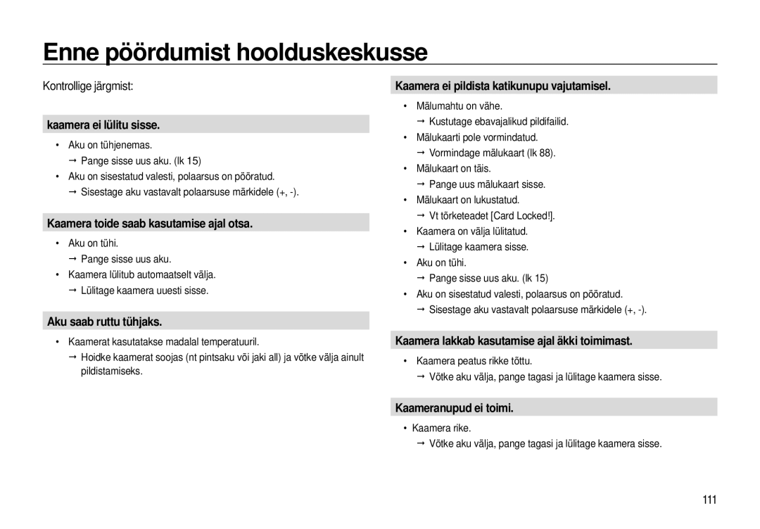 Samsung EC-I8ZZZWBA/RU, EC-I8ZZZBBA/RU manual Enne pöördumist hoolduskeskusse, Kontrollige järgmist, 111 