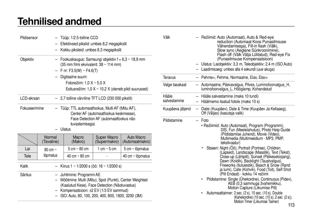 Samsung EC-I8ZZZWBA/RU, EC-I8ZZZBBA/RU manual Tehnilised andmed, 113 