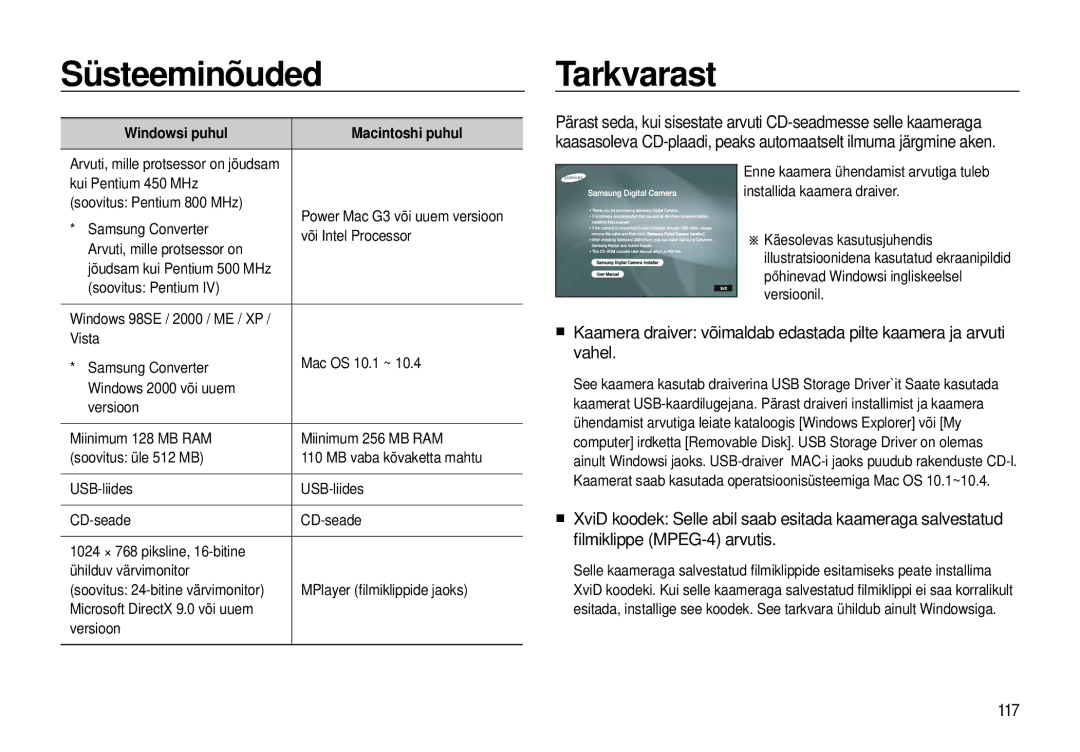 Samsung EC-I8ZZZWBA/RU, EC-I8ZZZBBA/RU manual Süsteeminõuded, Tarkvarast, 117, Windowsi puhul Macintoshi puhul 