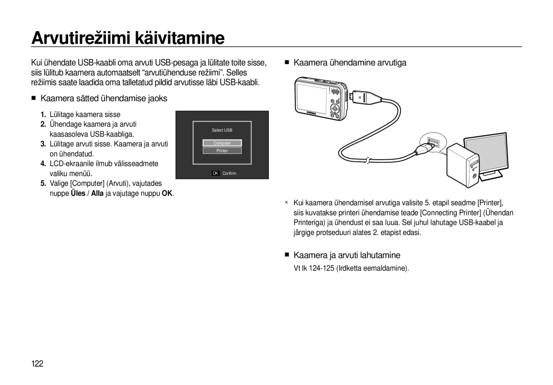 Samsung EC-I8ZZZBBA/RU manual Arvutirežiimi käivitamine, „ Kaamera ja arvuti lahutamine, 122, Lülitage kaamera sisse 