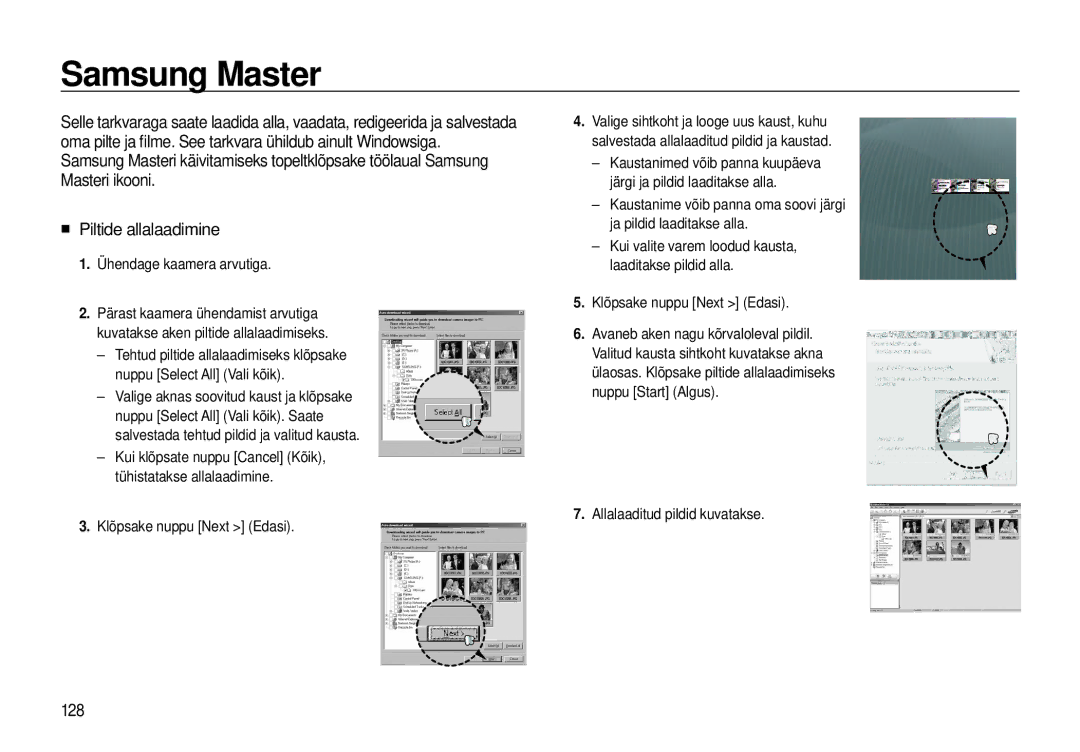 Samsung EC-I8ZZZBBA/RU manual Samsung Master, 128, Ühendage kaamera arvutiga, Valige aknas soovitud kaust ja klõpsake 