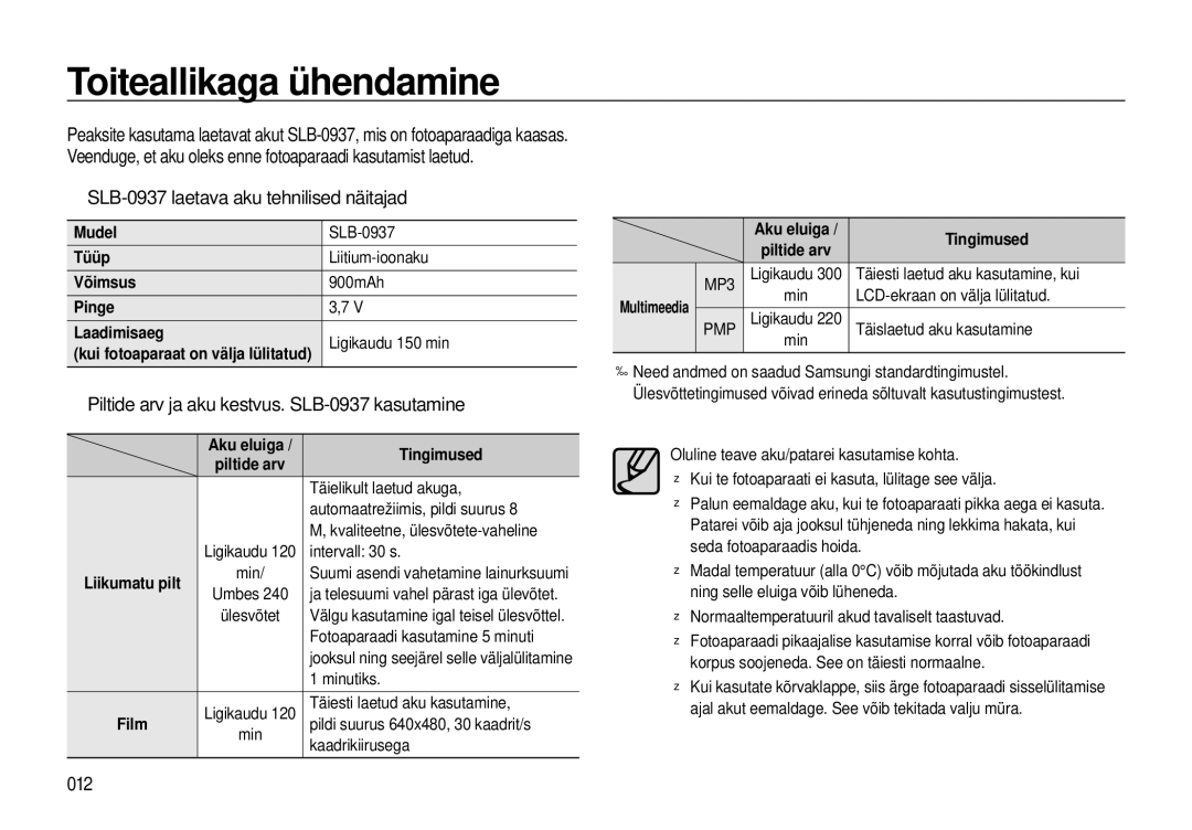 Samsung EC-I8ZZZBBA/RU Toiteallikaga ühendamine, „ SLB-0937 laetava aku tehnilised näitajad, 012, Aku eluiga Tingimused 