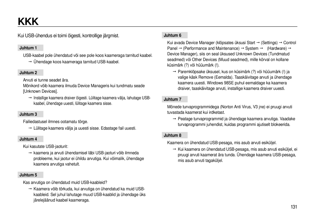 Samsung EC-I8ZZZWBA/RU, EC-I8ZZZBBA/RU manual Kui USB-ühendus ei toimi õigesti, kontrollige järgmist, 131, Juhtum 