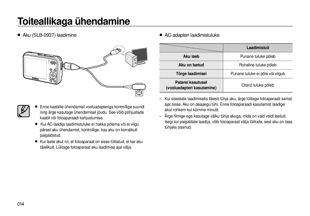 Samsung EC-I8ZZZBBA/RU, EC-I8ZZZWBA/RU manual „ Aku SLB-0937 laadimine, „ AC-adapteri laadimistuluke, 014, Laadimistuli 