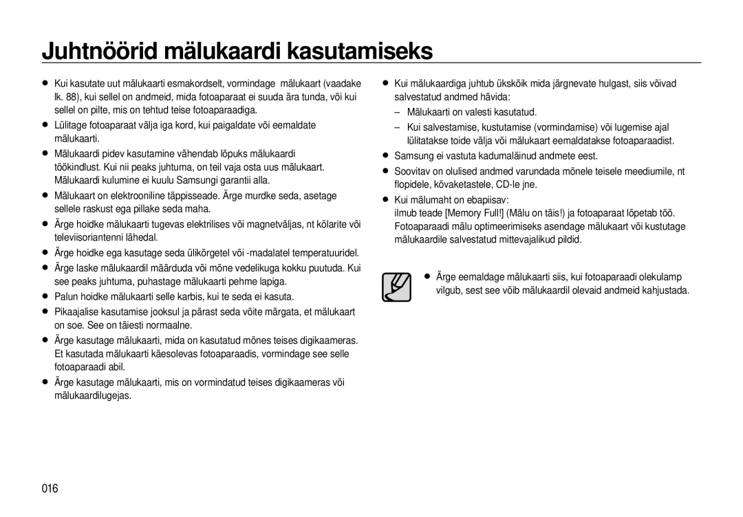 Samsung EC-I8ZZZBBA/RU, EC-I8ZZZWBA/RU manual Juhtnöörid mälukaardi kasutamiseks, 016 