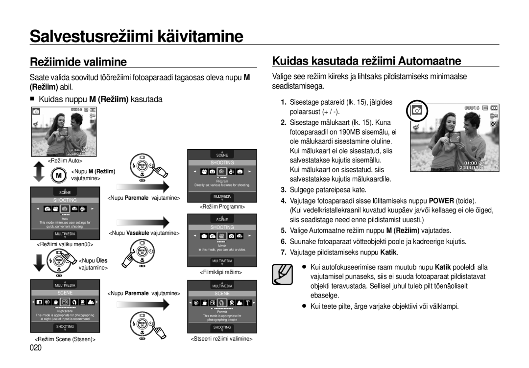 Samsung EC-I8ZZZBBA/RU manual Salvestusrežiimi käivitamine, Režiimide valimine, Kuidas kasutada režiimi Automaatne, 020 